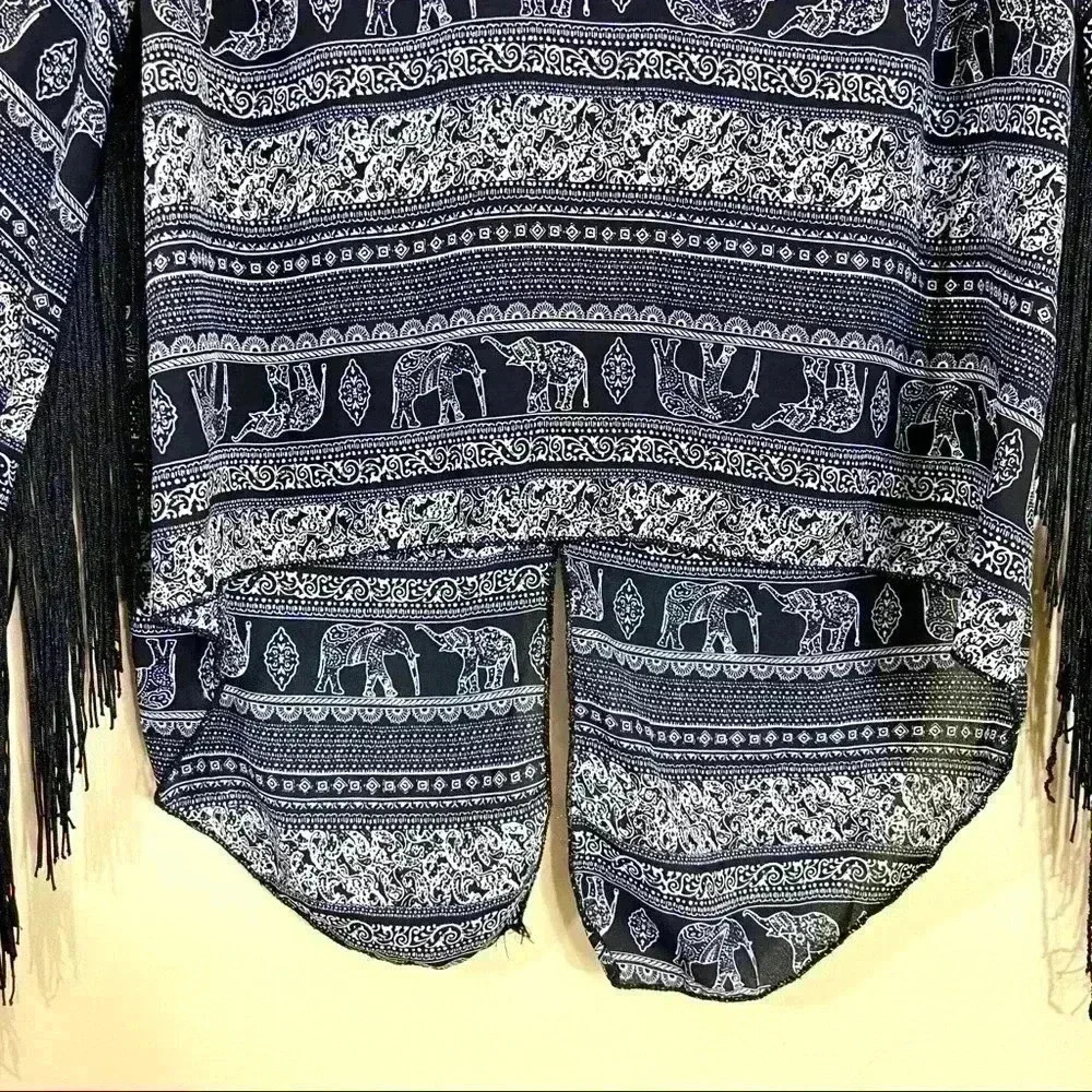 See You Monday Fringed Bell Sleeve Elephant Safari Boho Crop Back Split Top (M) - Picture 8 of 15